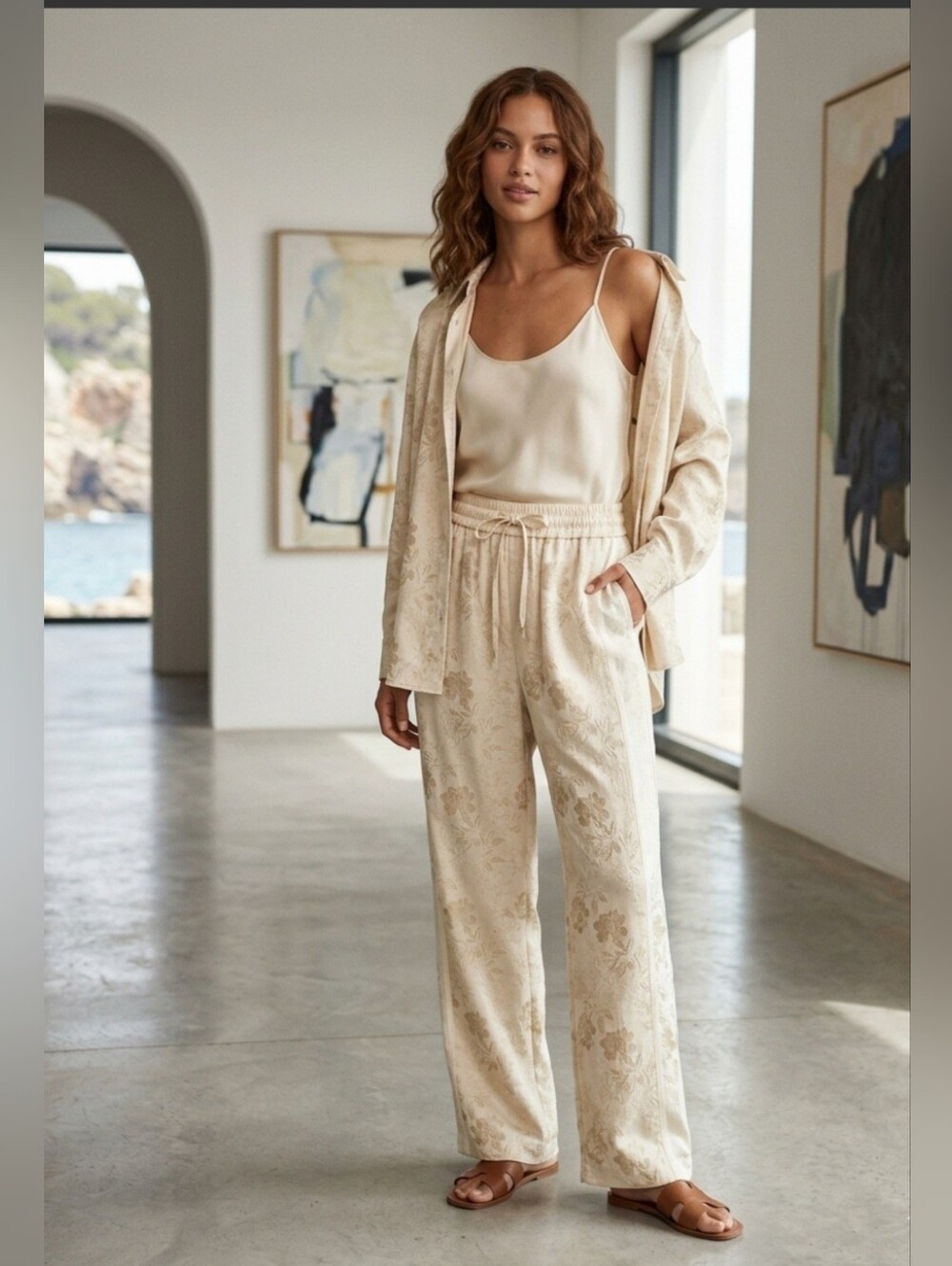 Zara Jacquard Floral Straight Leg Pants In Ecru / Ivory